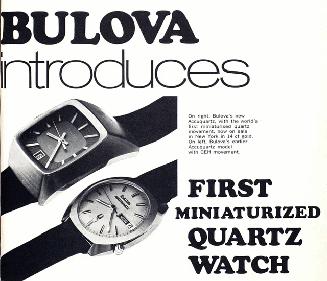 Publicité Bulova Accuquartz, première montre à quartz miniaturisée vendue aux États-Unis