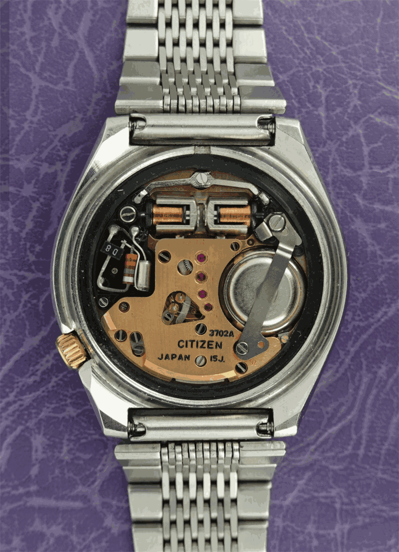 Mouvement Citizen calibre 3702A vu de dos, électronique horloger japonais 1973