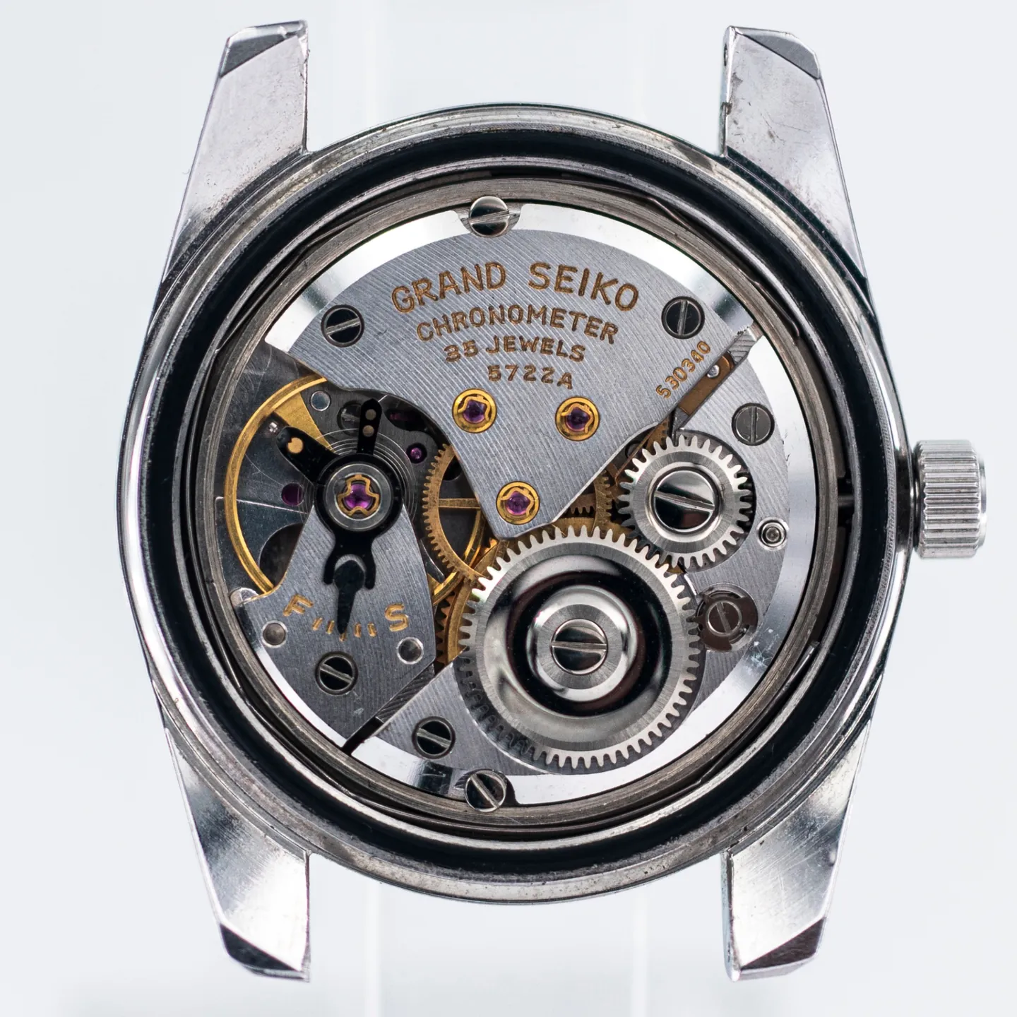 Open kastbodem van een Grand Seiko 57GS, kaliber 5722A met handopwind, 25 steentjes, chronometer