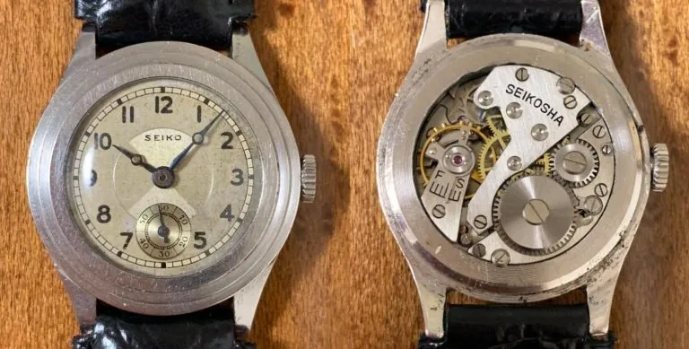 Vooroorlogs Seikosha-horloge uitgerust met een van Moeris afgeleid uurwerk, gezien vanaf wijzerplaat en mechanisme