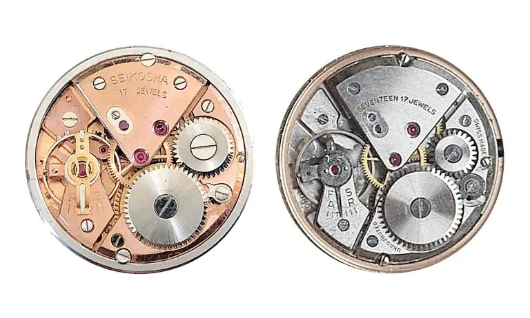 Vergelijking mechanisme Seiko Super en ETA 1080 naast elkaar, bruggen en tandwielen zichtbaar